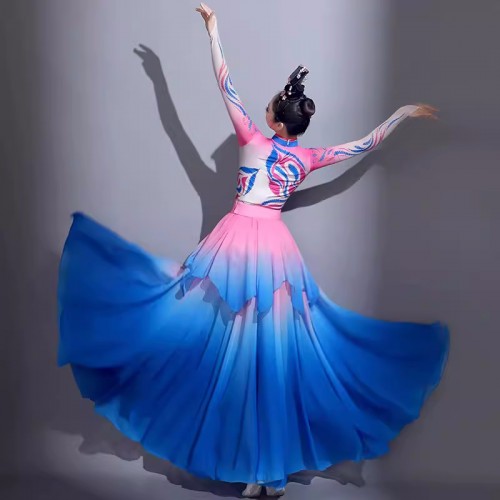Blue with pink gradient chinese folk classical dance dresses competition flowing dance wear ancient Oriental Asian Carnival holiday performance costumes for female